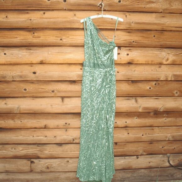 NWT Mac Duggal SEQUINED ONE SHOULDER DRAPED LACE UP GOWN 5687 Green Size 14 - Picture 5 of 16